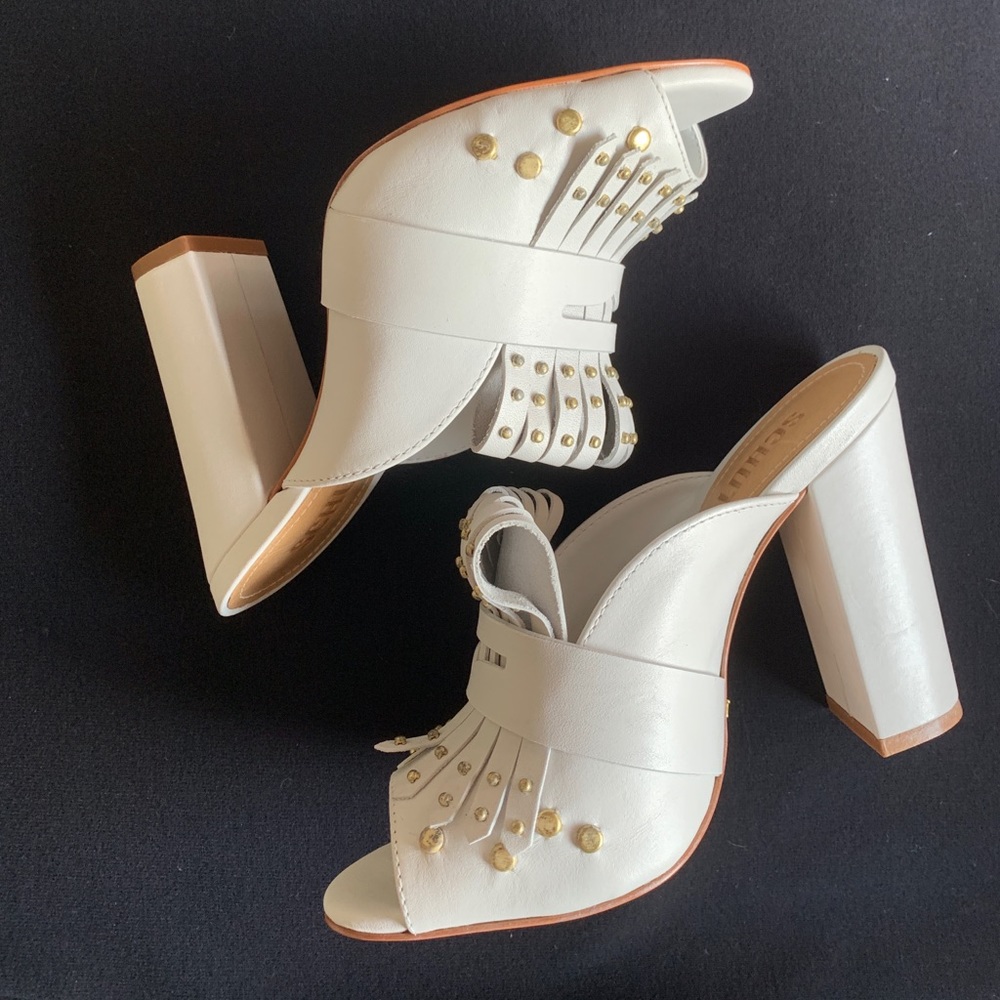 SCHUTZ LEATHER WHITE CHUNKY BLOCK HEEL MULES 5.5